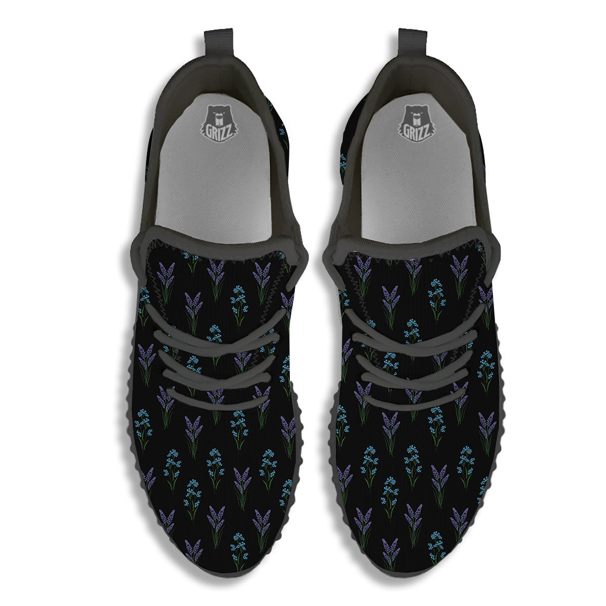 Lavender Embroidery Print Pattern Black Walking Shoes-grizzshop