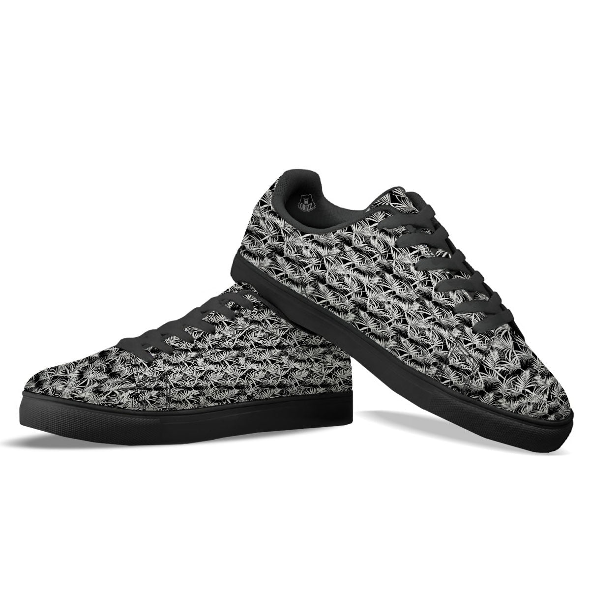 Leaf Aloha Black Palm Print Pattern Black Low Top Sneakers-grizzshop