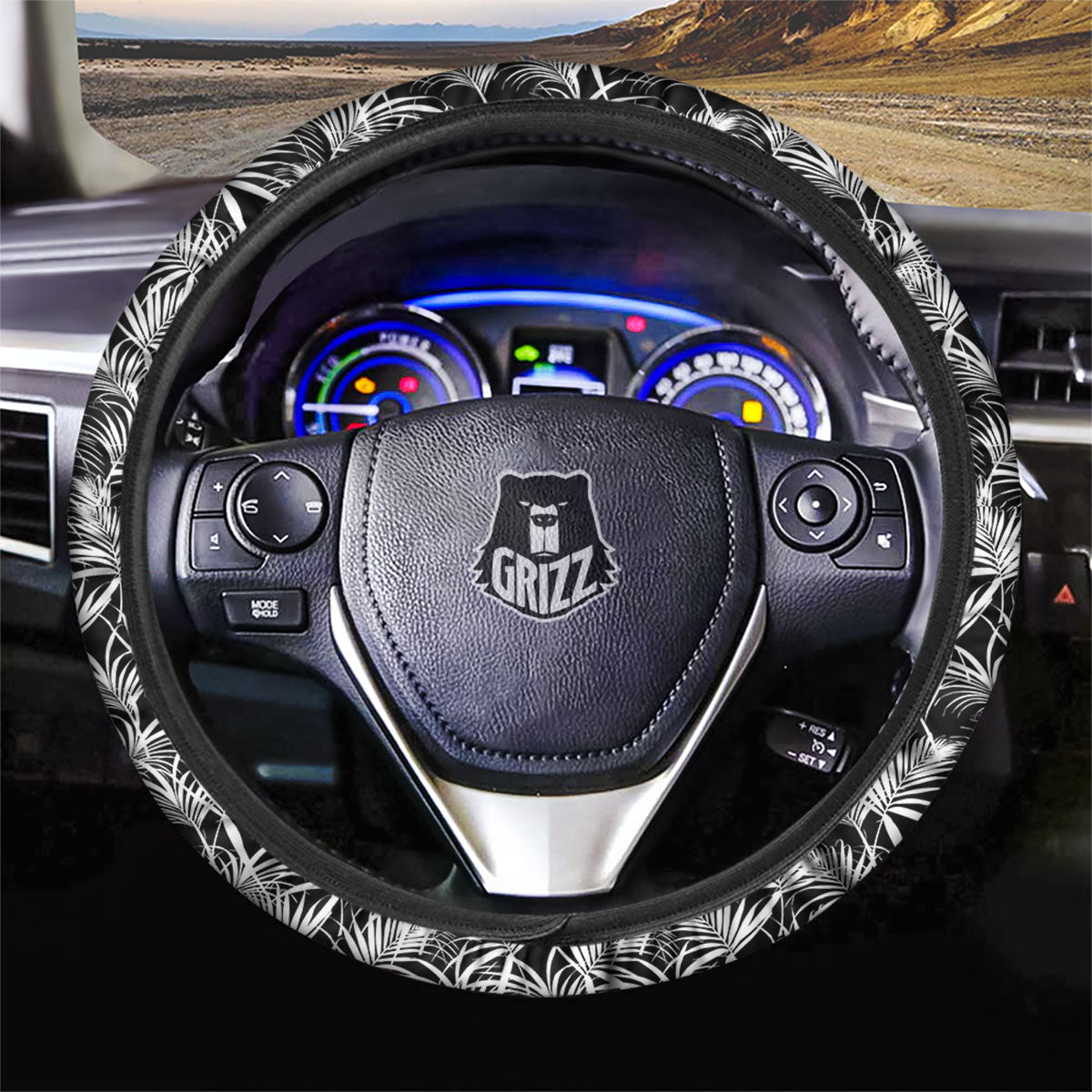 Leaf Aloha Black Palm Print Pattern Car Steering Wheel Cover-grizzshop