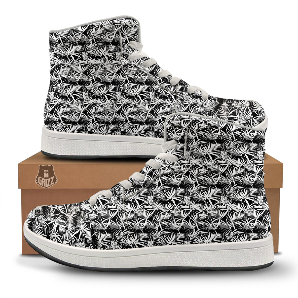 Leaf Aloha Black Palm Print Pattern High Top Sneakers-grizzshop