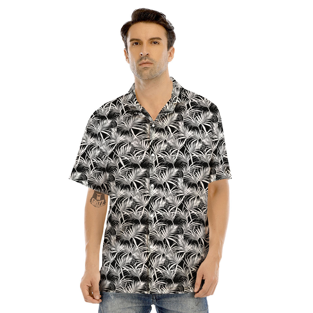 Leaf Aloha Black Palm Print Pattern Men's Hawaiian Shirt-grizzshop