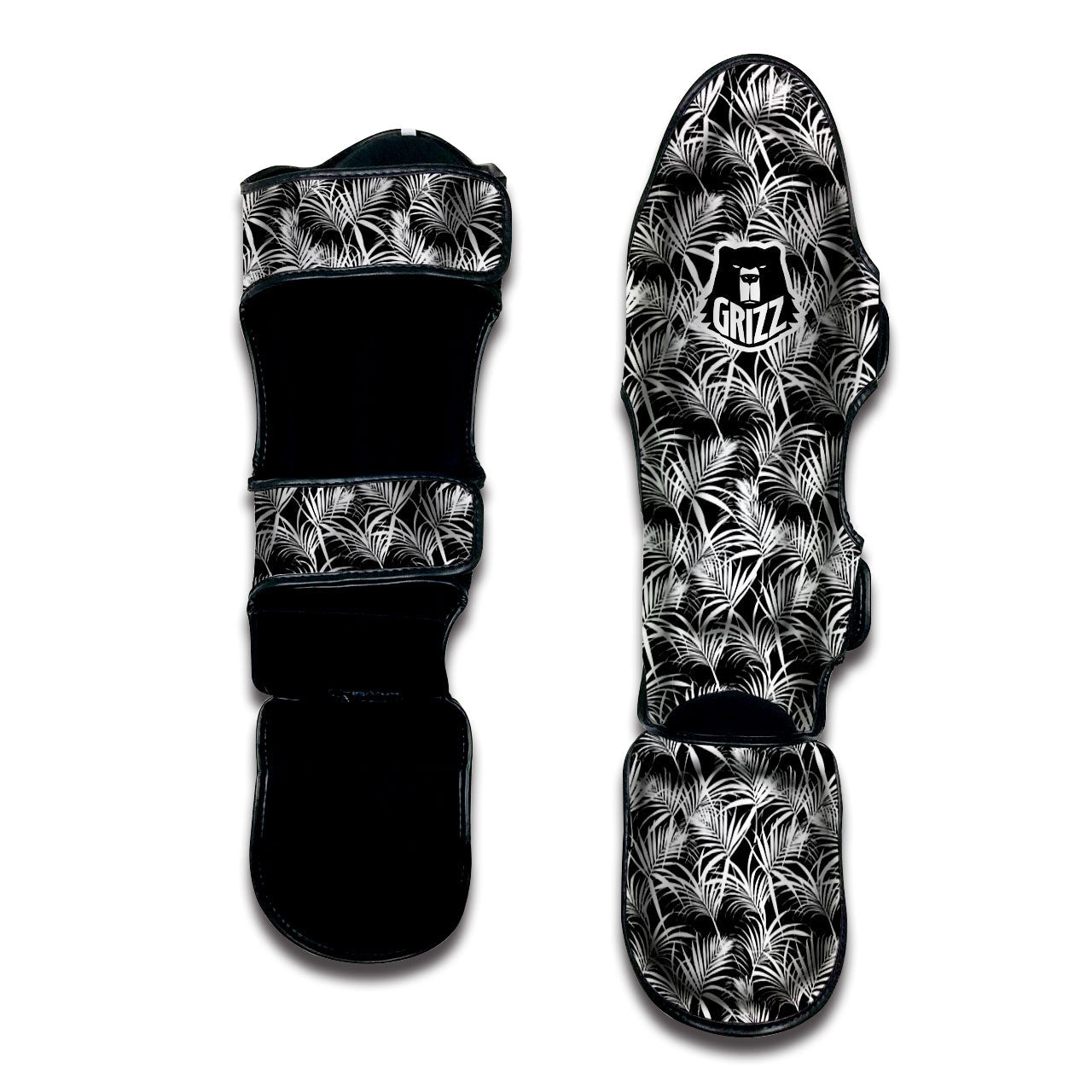 Leaf Aloha Black Palm Print Pattern Muay Thai Shin Guards-grizzshop