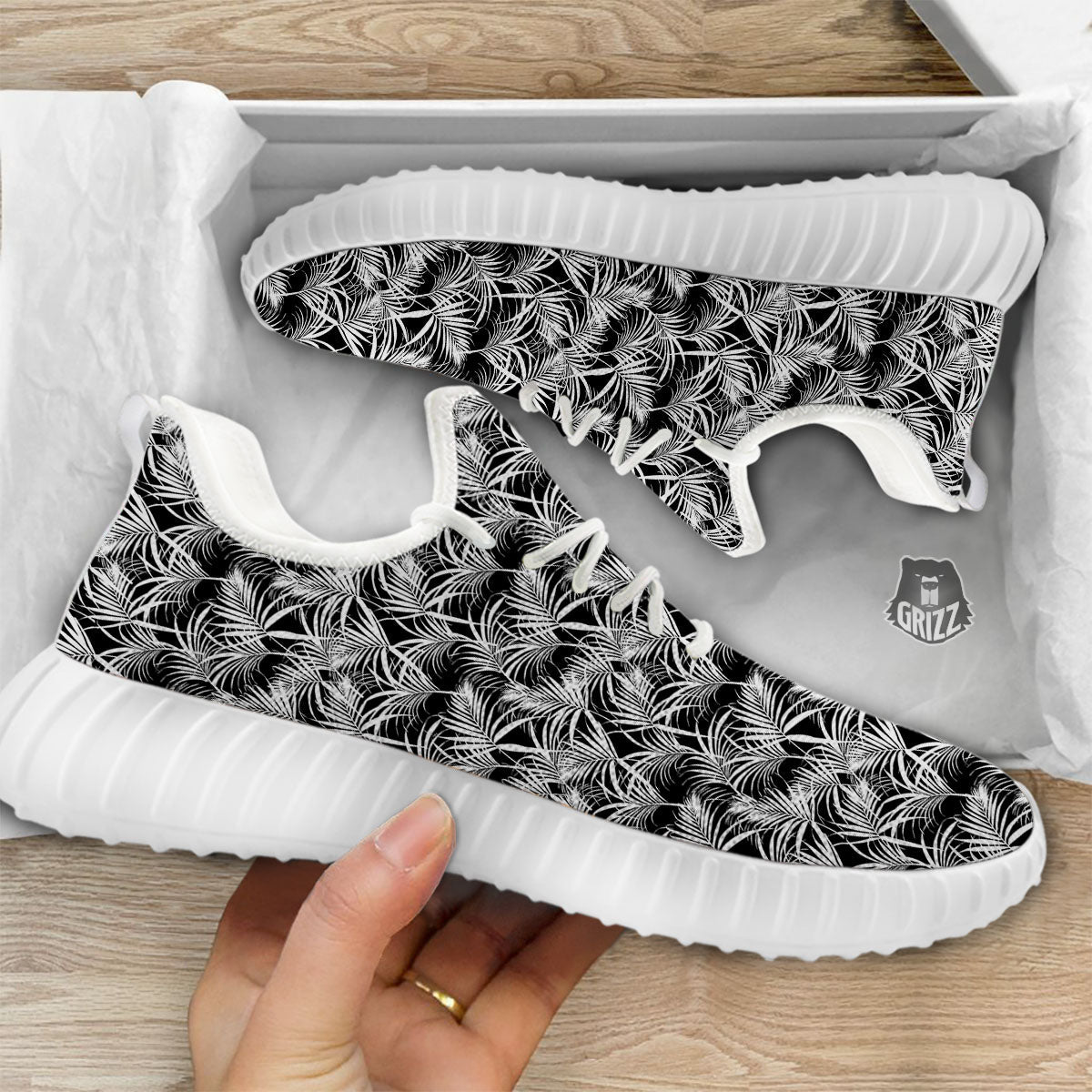 Leaf Aloha Black Palm Print Pattern White Walking Shoes-grizzshop