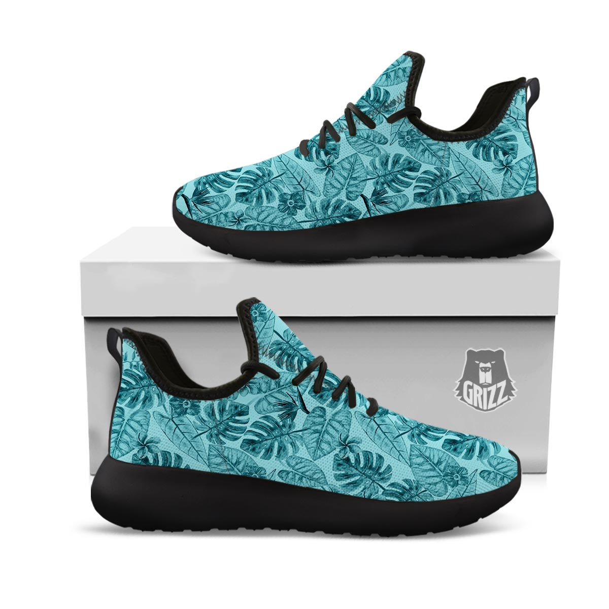 Leaf Flower Teal Hawaiian Print Pattern Black Athletic Shoes-grizzshop