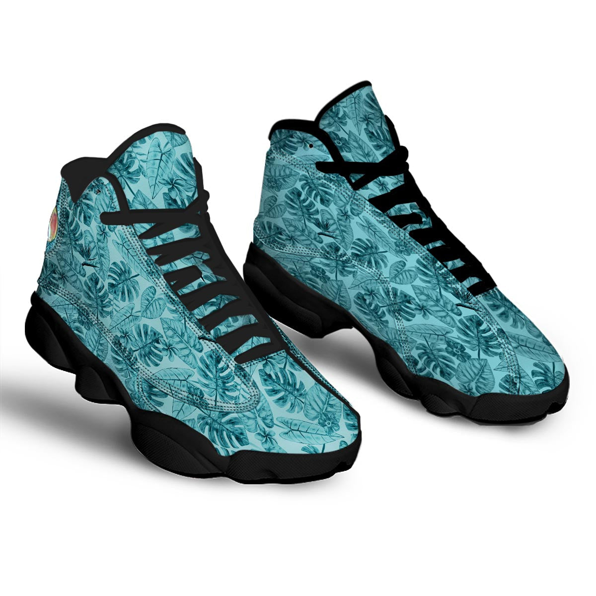Leaf Flower Teal Hawaiian Print Pattern Black Basketball Shoes-grizzshop