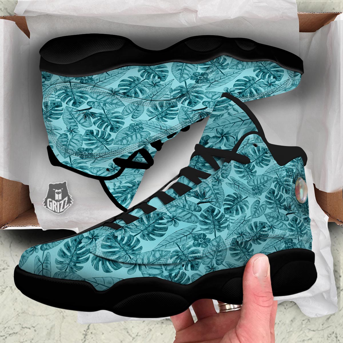 Leaf Flower Teal Hawaiian Print Pattern Black Basketball Shoes-grizzshop
