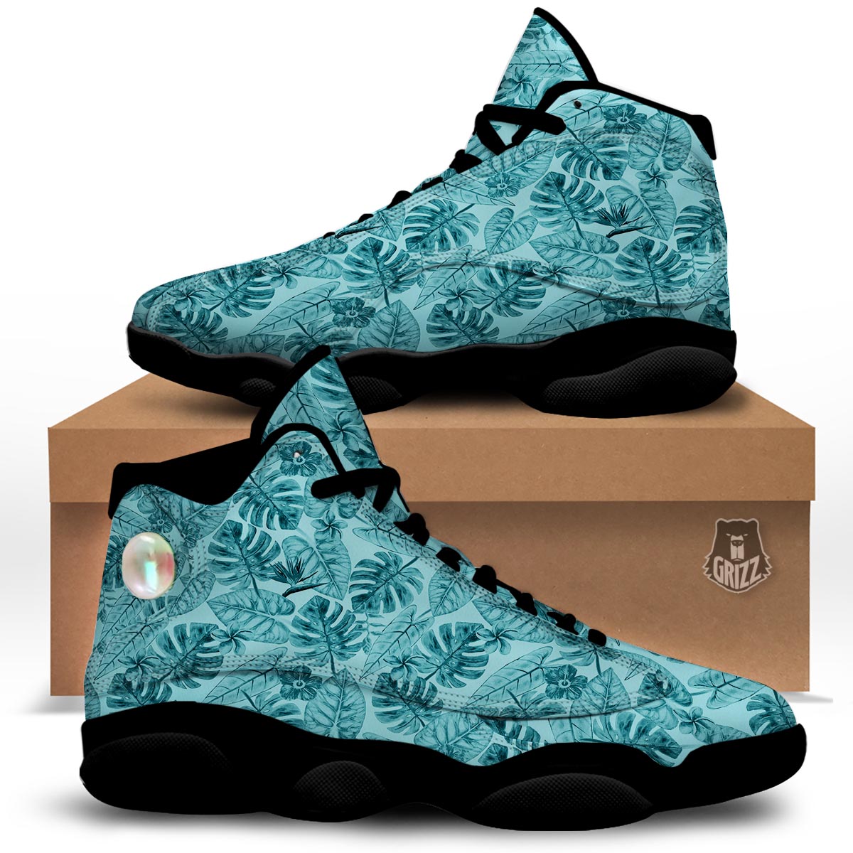 Leaf Flower Teal Hawaiian Print Pattern Black Basketball Shoes-grizzshop