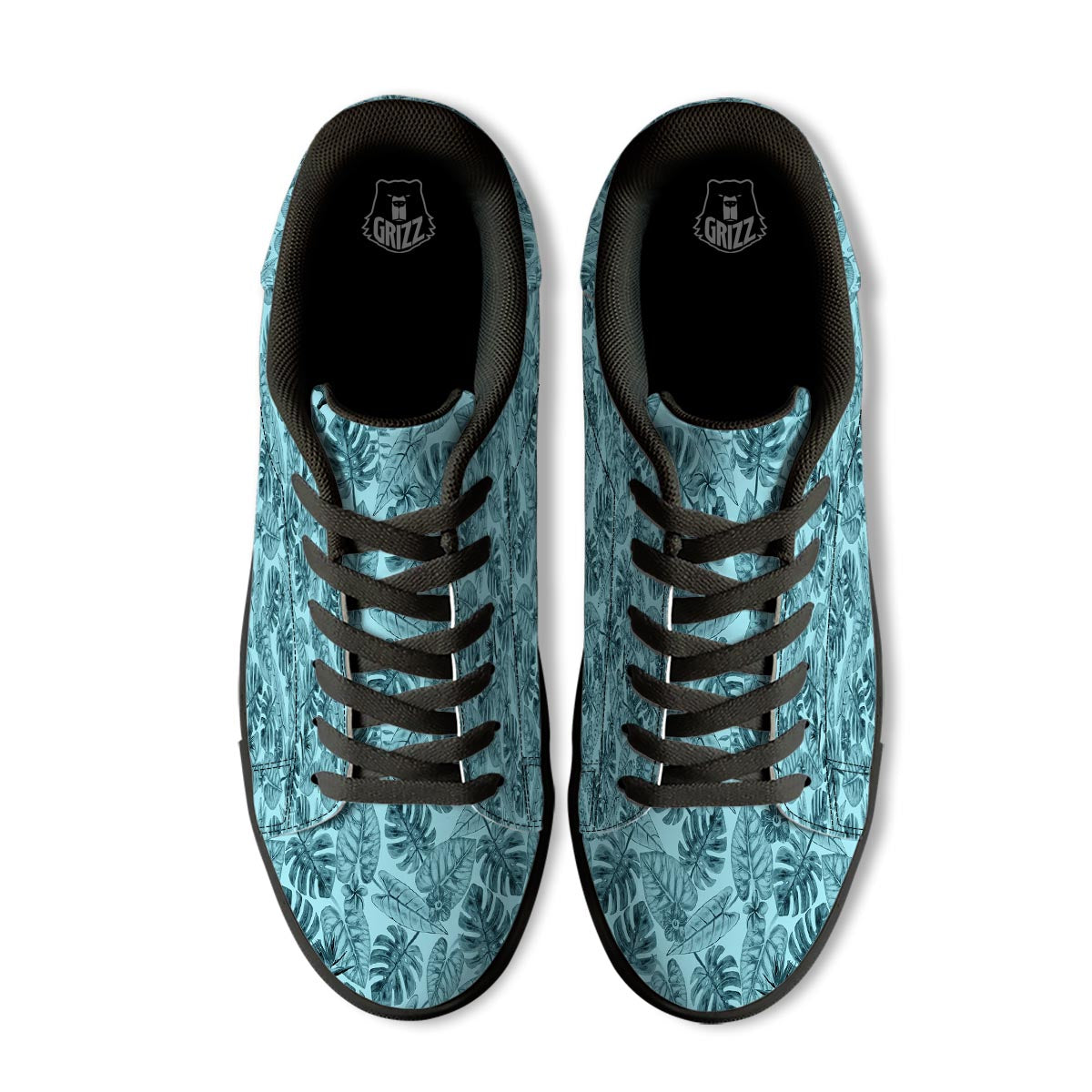 Leaf Flower Teal Hawaiian Print Pattern Black Low Top Sneakers-grizzshop