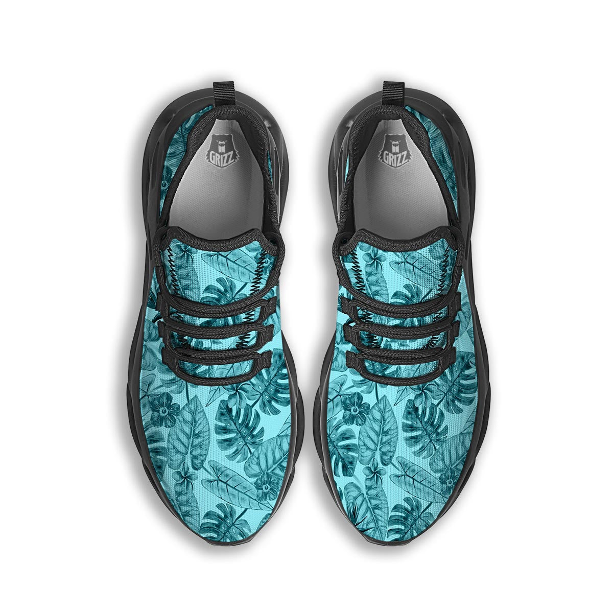 Leaf Flower Teal Hawaiian Print Pattern Black Running Shoes-grizzshop