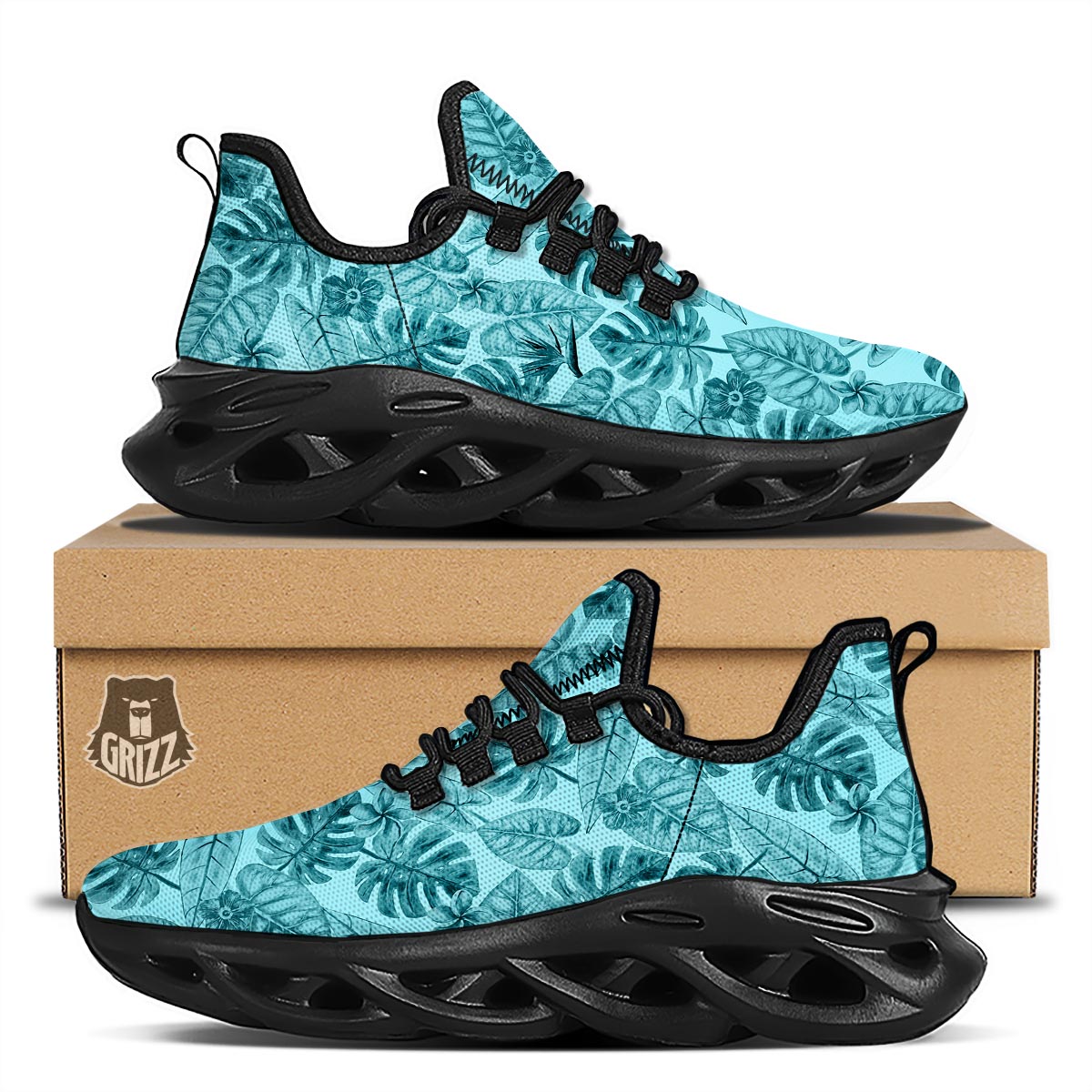 Leaf Flower Teal Hawaiian Print Pattern Black Running Shoes-grizzshop
