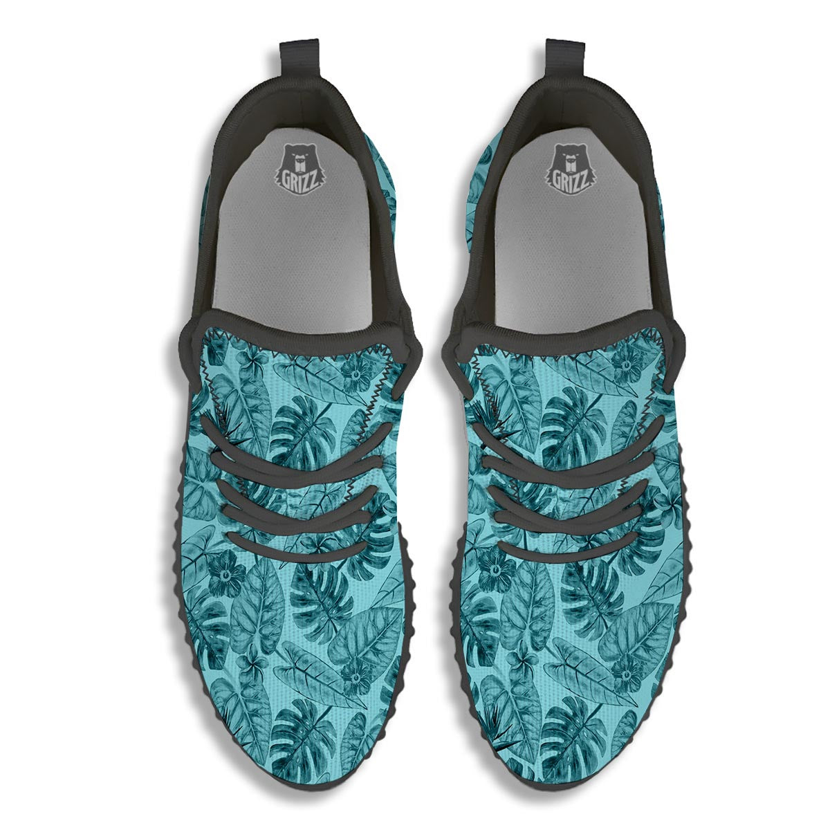 Leaf Flower Teal Hawaiian Print Pattern Black Walking Shoes-grizzshop