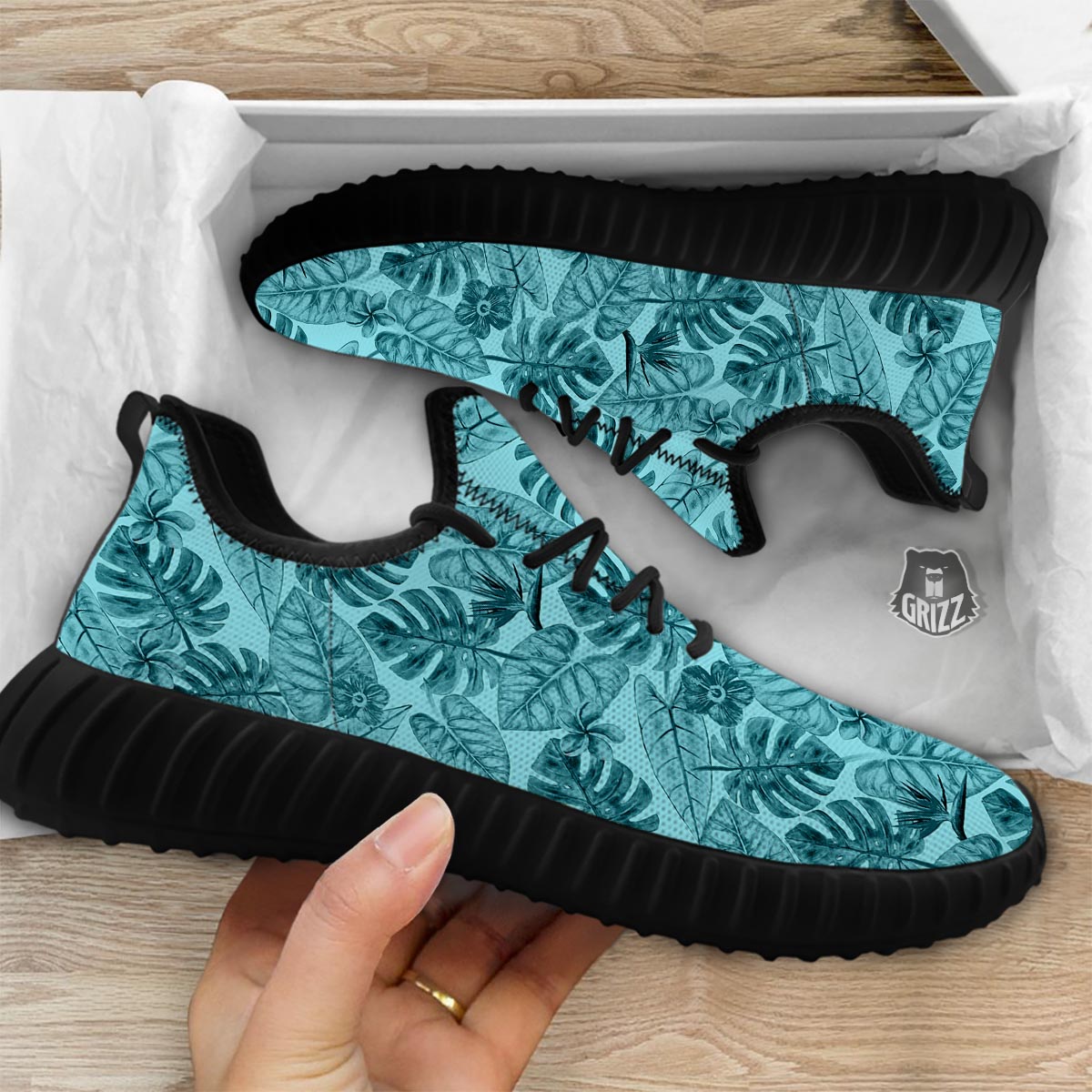 Leaf Flower Teal Hawaiian Print Pattern Black Walking Shoes-grizzshop