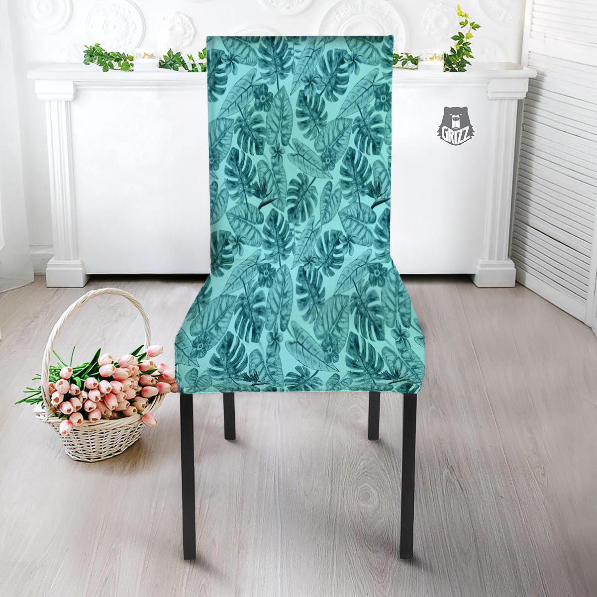 Leaf Flower Teal Hawaiian Print Pattern Dining Chair Slipcover-grizzshop