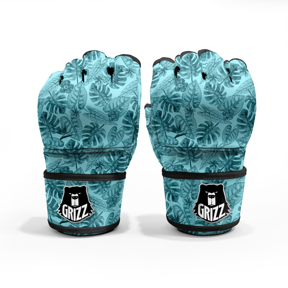 Leaf Flower Teal Hawaiian Print Pattern MMA Gloves-grizzshop