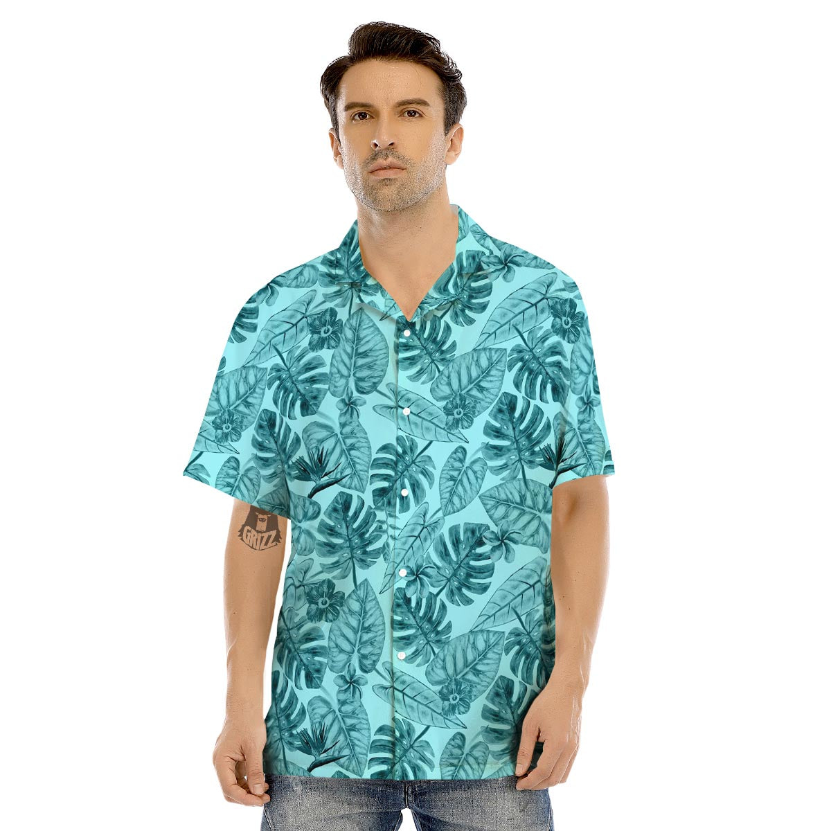 Leaf Flower Teal Hawaiian Print Pattern Men's Hawaiian Shirt-grizzshop