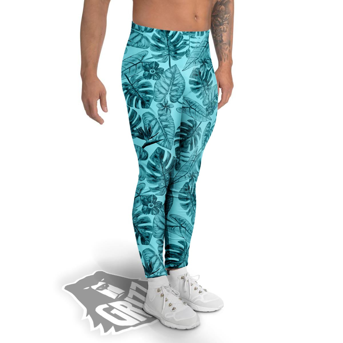 Leaf Flower Teal Hawaiian Print Pattern Men's Leggings-grizzshop