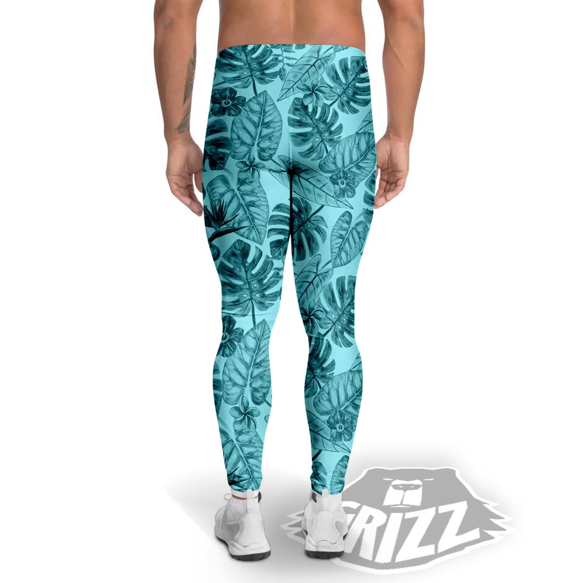 Leaf Flower Teal Hawaiian Print Pattern Men's Leggings-grizzshop