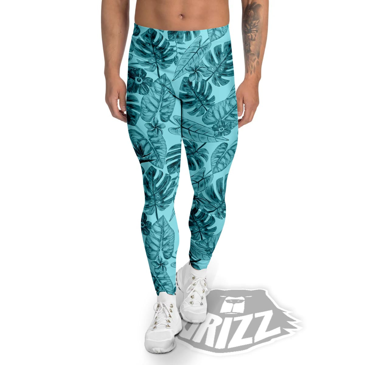 Leaf Flower Teal Hawaiian Print Pattern Men's Leggings-grizzshop