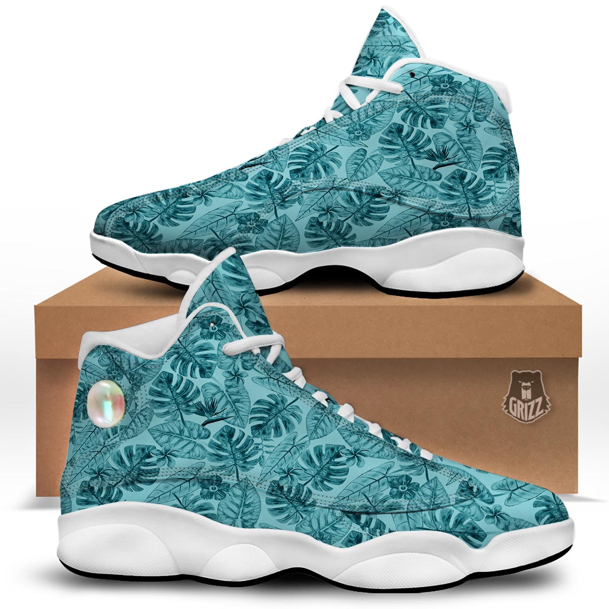 Leaf Flower Teal Hawaiian Print Pattern White Basketball Shoes-grizzshop