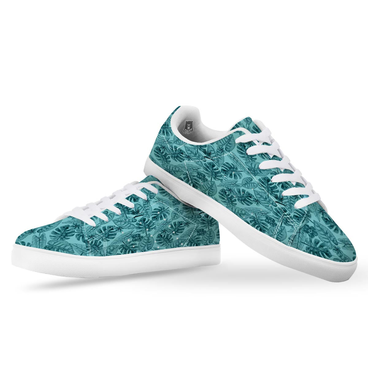 Leaf Flower Teal Hawaiian Print Pattern White Low Top Sneakers-grizzshop