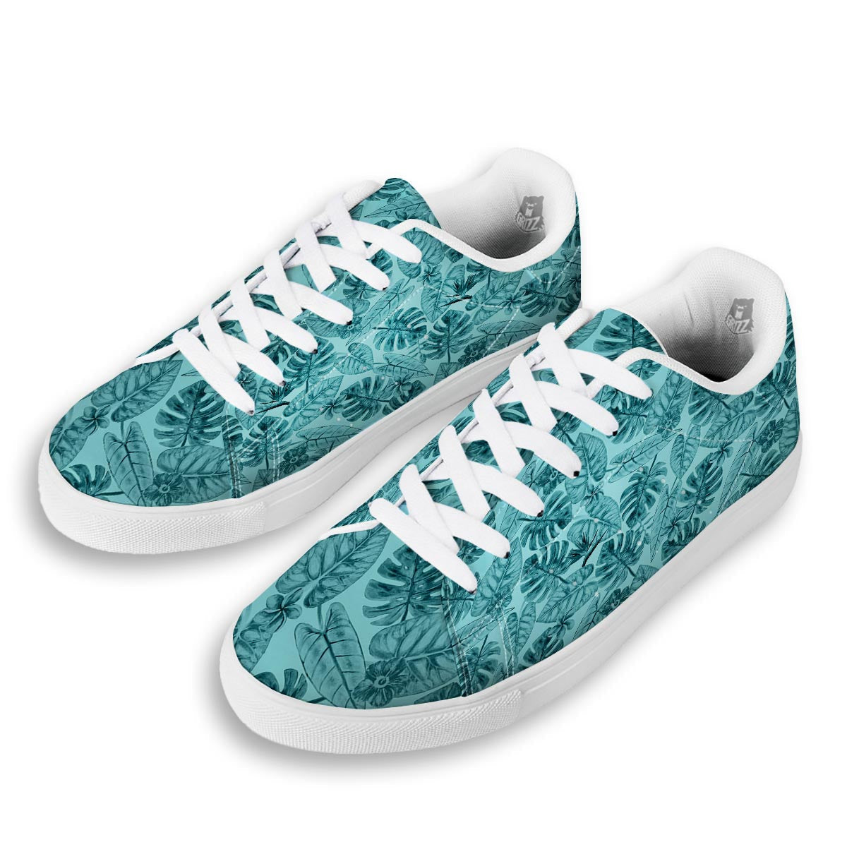 Leaf Flower Teal Hawaiian Print Pattern White Low Top Sneakers-grizzshop