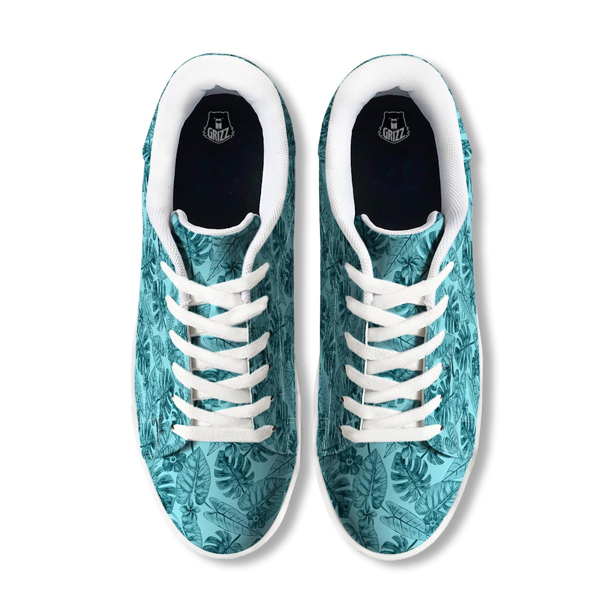 Leaf Flower Teal Hawaiian Print Pattern White Low Top Sneakers-grizzshop