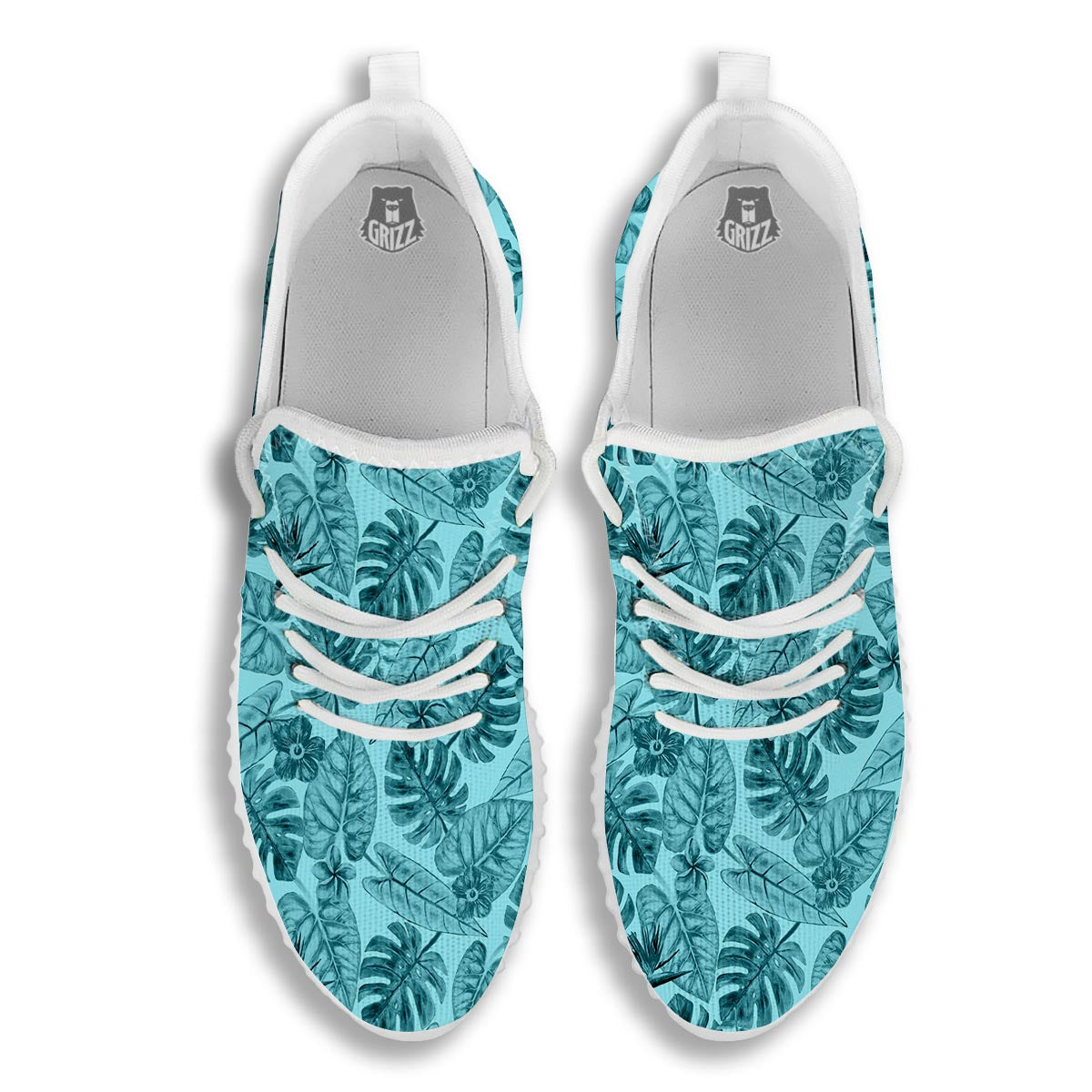 Leaf Flower Teal Hawaiian Print Pattern White Walking Shoes-grizzshop