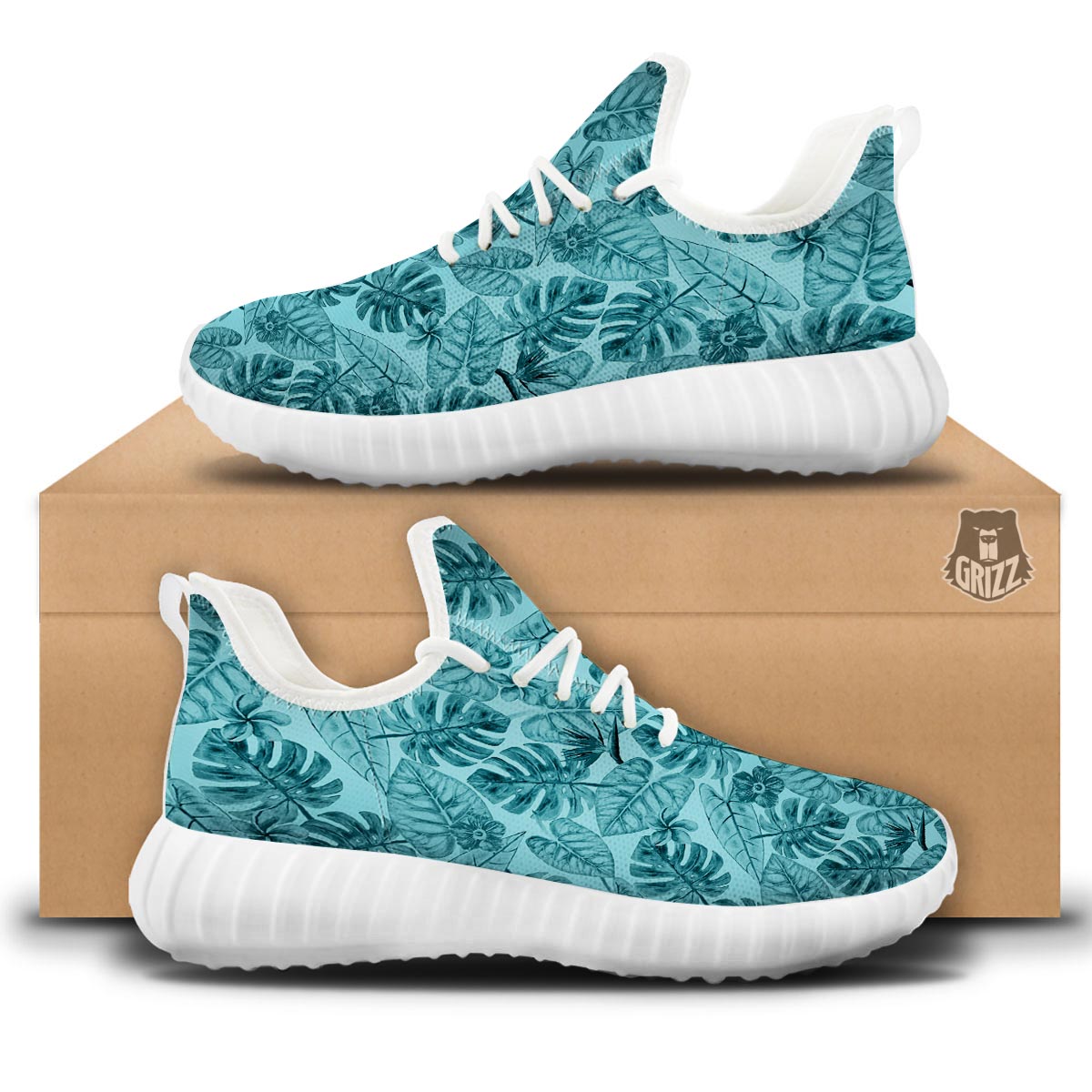 Leaf Flower Teal Hawaiian Print Pattern White Walking Shoes-grizzshop