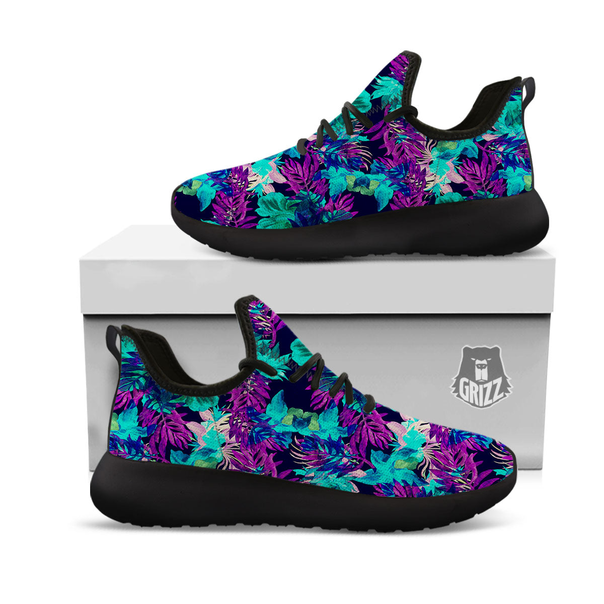 Leaf Green And Purple Print Pattern Black Athletic Shoes-grizzshop
