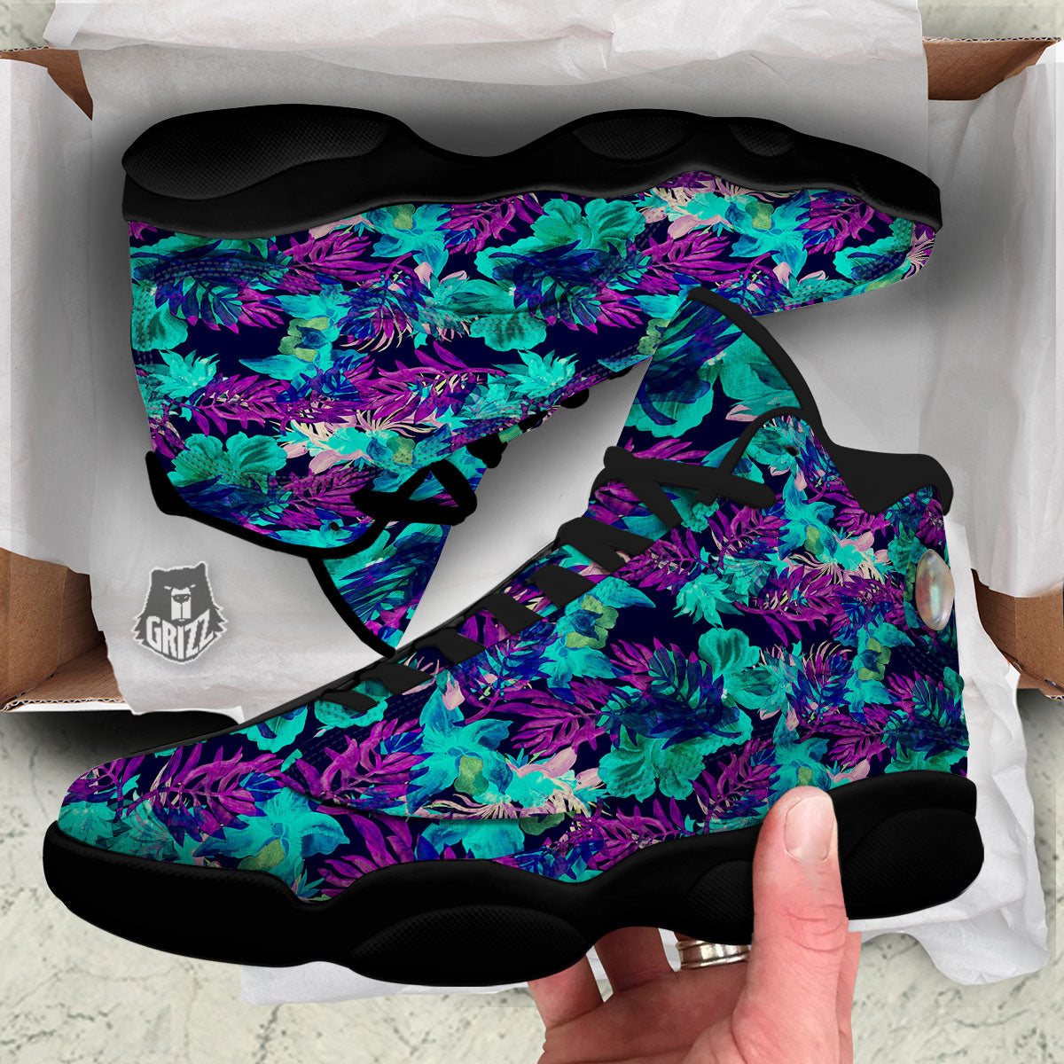 Leaf Green And Purple Print Pattern Black Basketball Shoes-grizzshop