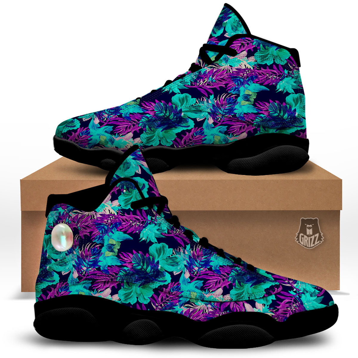 Leaf Green And Purple Print Pattern Black Basketball Shoes-grizzshop