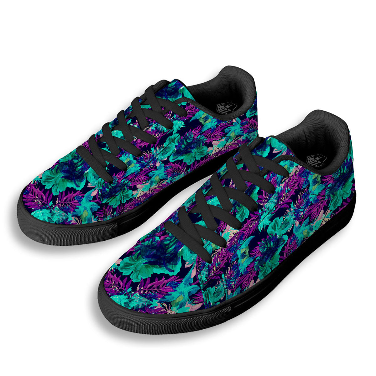 Leaf Green And Purple Print Pattern Black Low Top Sneakers-grizzshop