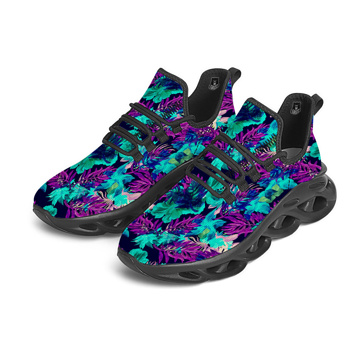 Leaf Green And Purple Print Pattern Black Running Shoes-grizzshop