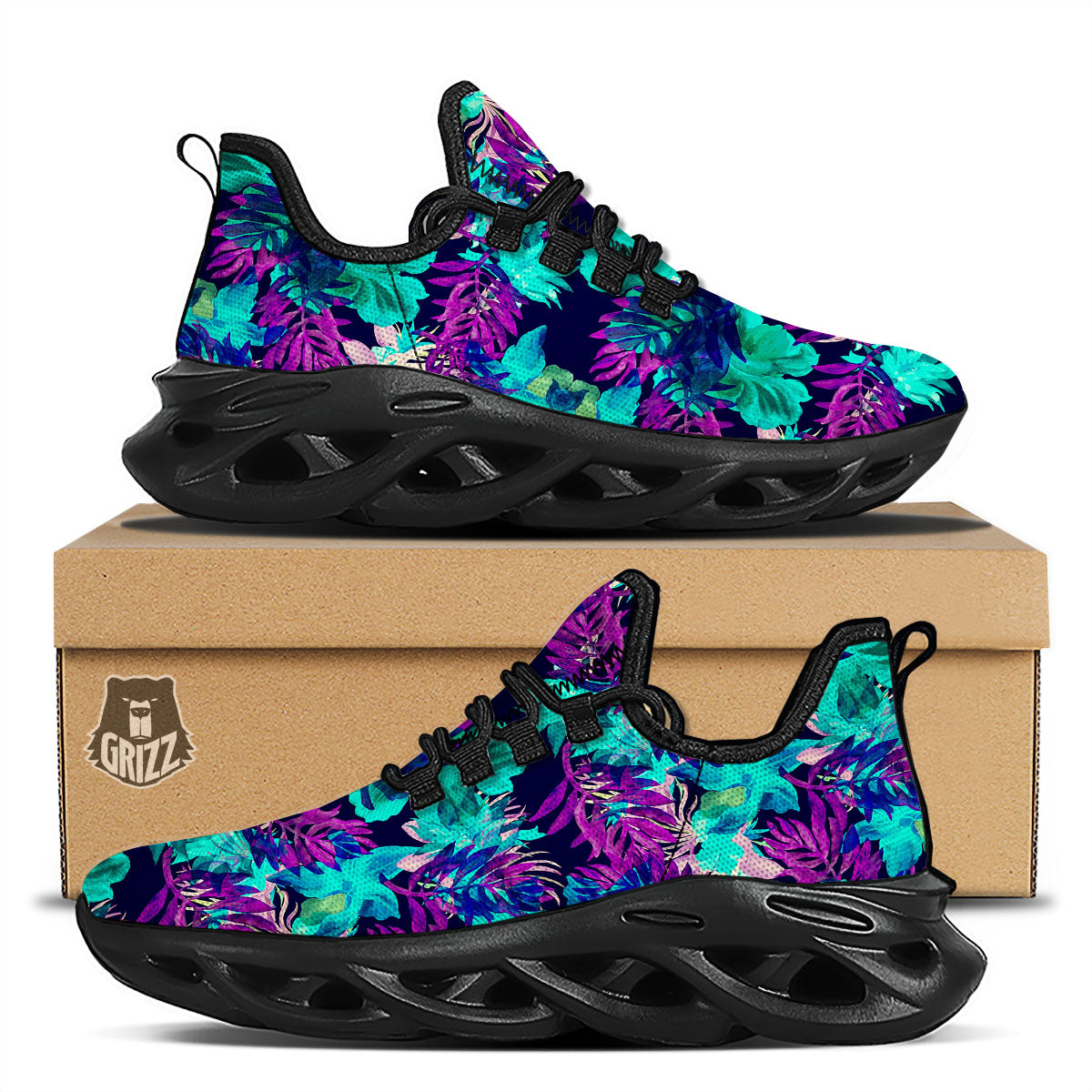 Leaf Green And Purple Print Pattern Black Running Shoes-grizzshop