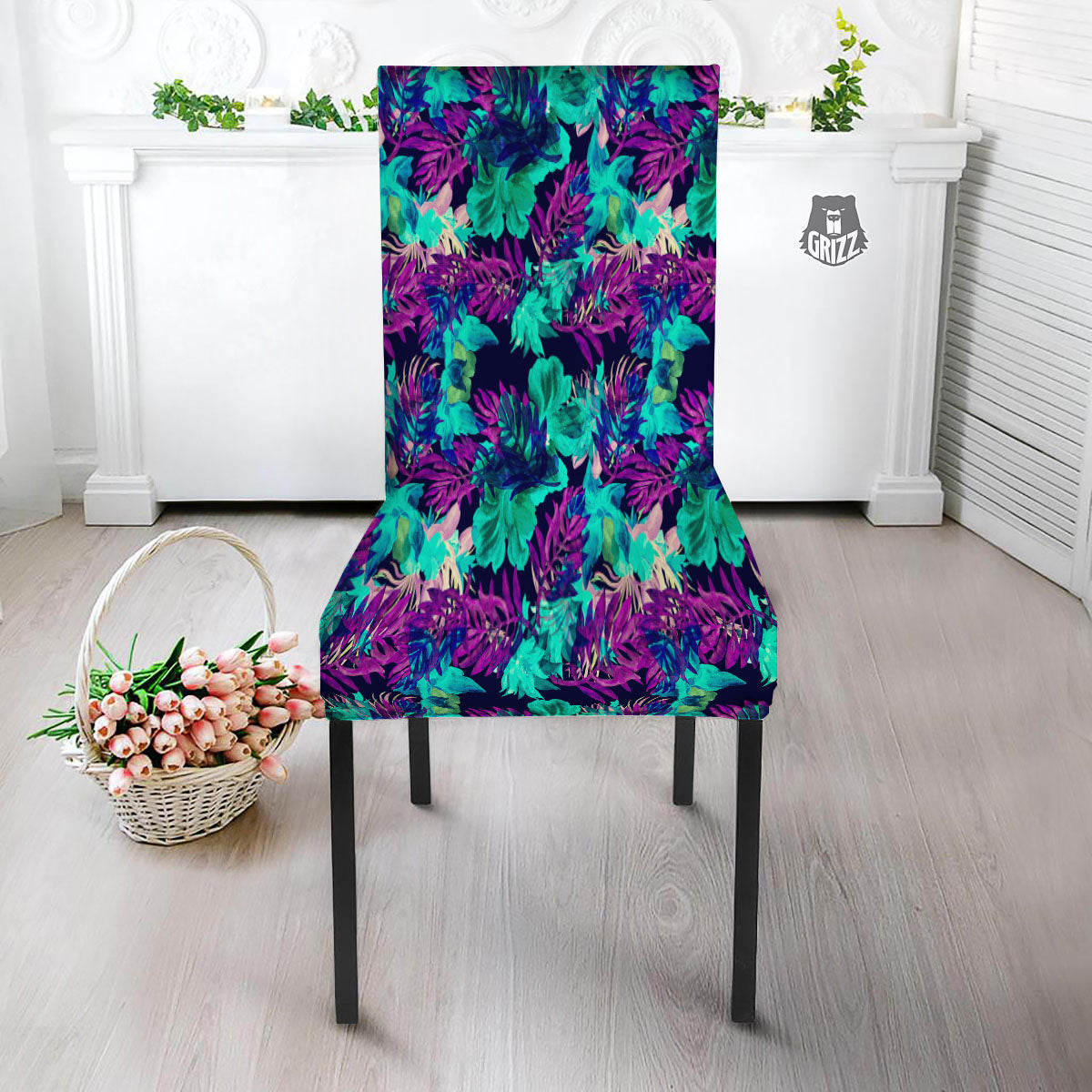 Leaf Green And Purple Print Pattern Dining Chair Slipcover-grizzshop