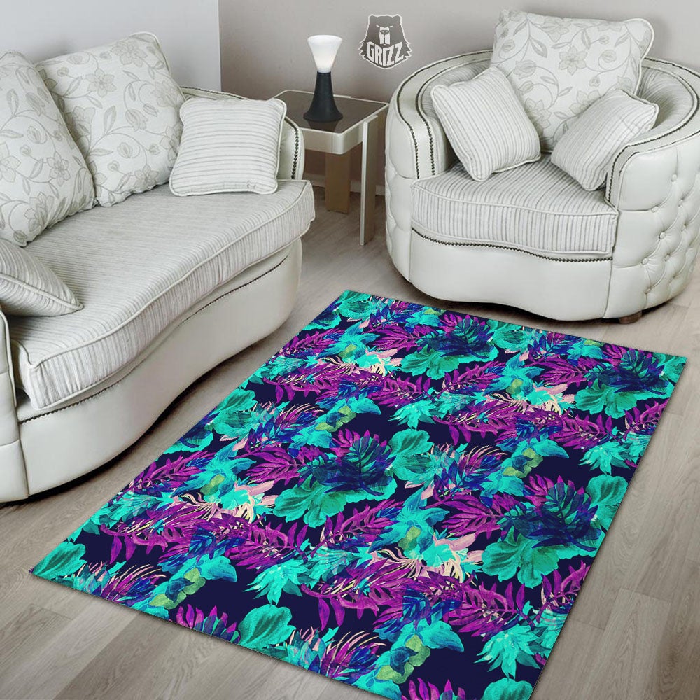 Leaf Green And Purple Print Pattern Floor Mat-grizzshop