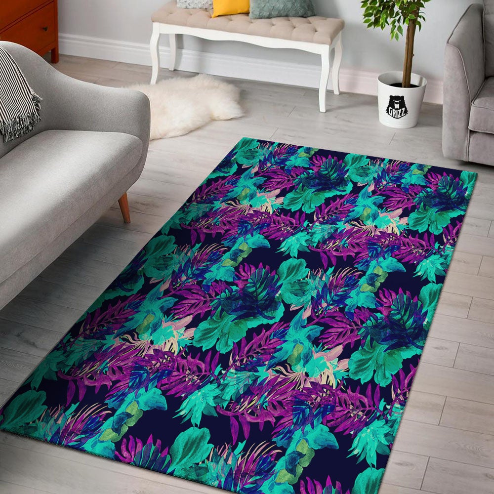 Leaf Green And Purple Print Pattern Floor Mat-grizzshop