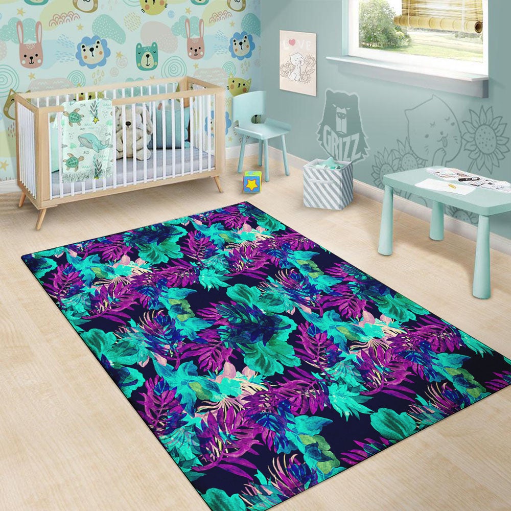 Leaf Green And Purple Print Pattern Floor Mat-grizzshop