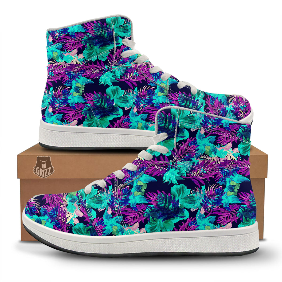 Leaf Green And Purple Print Pattern High Top Sneakers-grizzshop