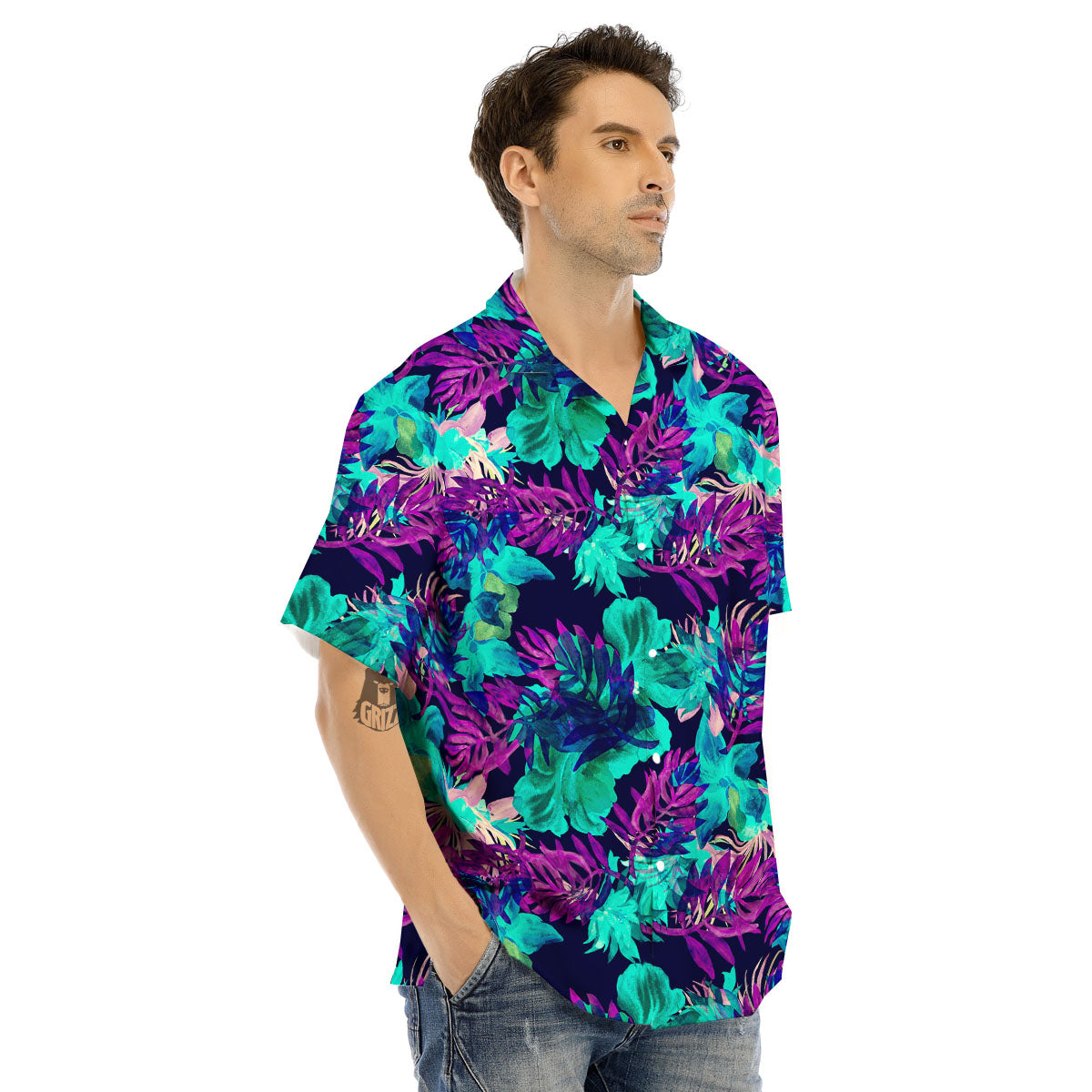 Leaf Green And Purple Print Pattern Men's Hawaiian Shirt-grizzshop
