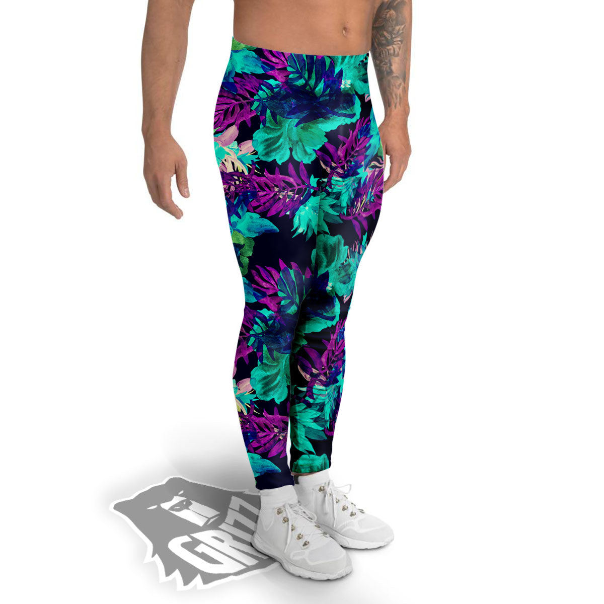 Leaf Green And Purple Print Pattern Men's Leggings-grizzshop