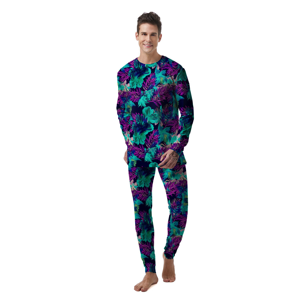 Leaf Green And Purple Print Pattern Men's Pajamas-grizzshop