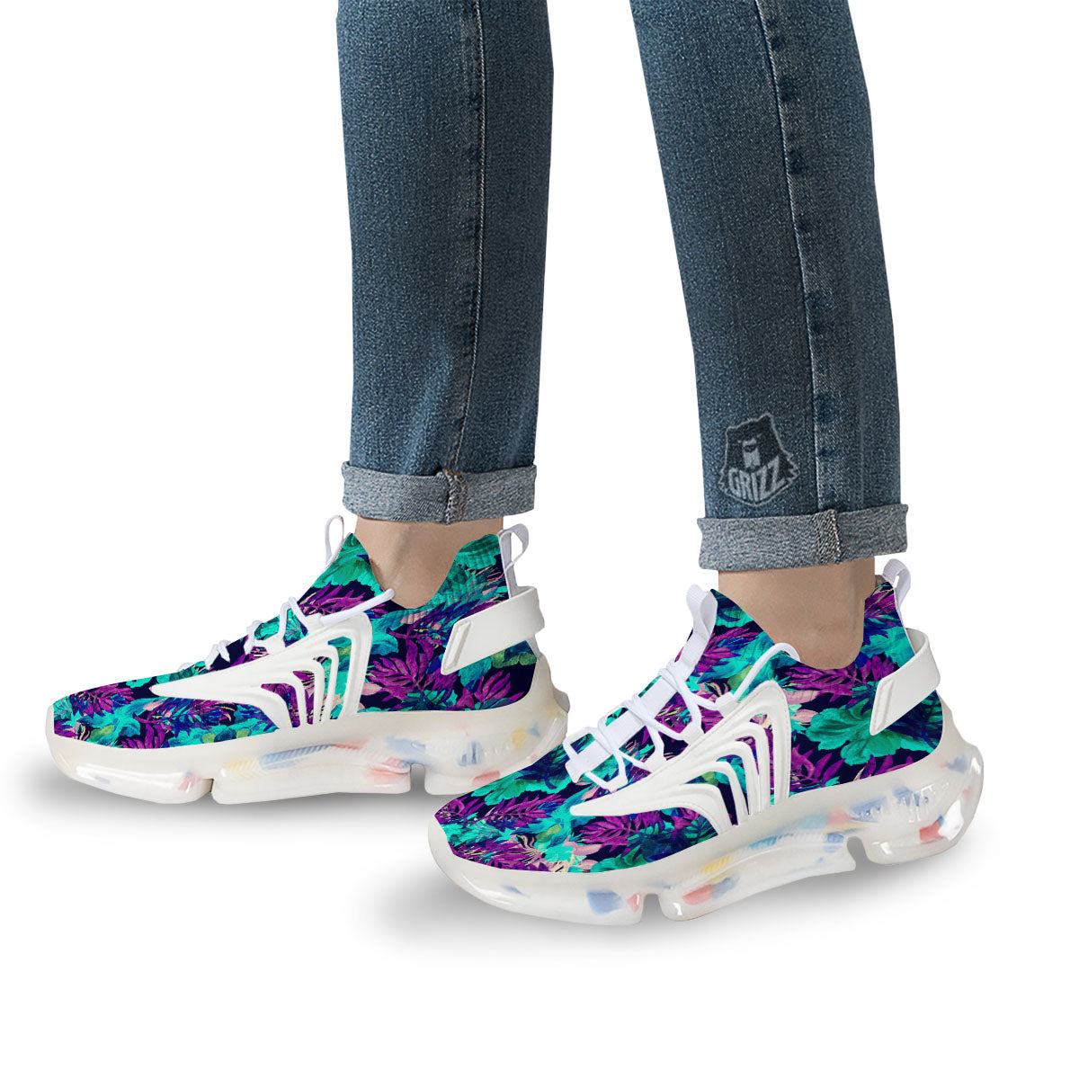 Leaf Green And Purple Print Pattern White Gym Shoes-grizzshop