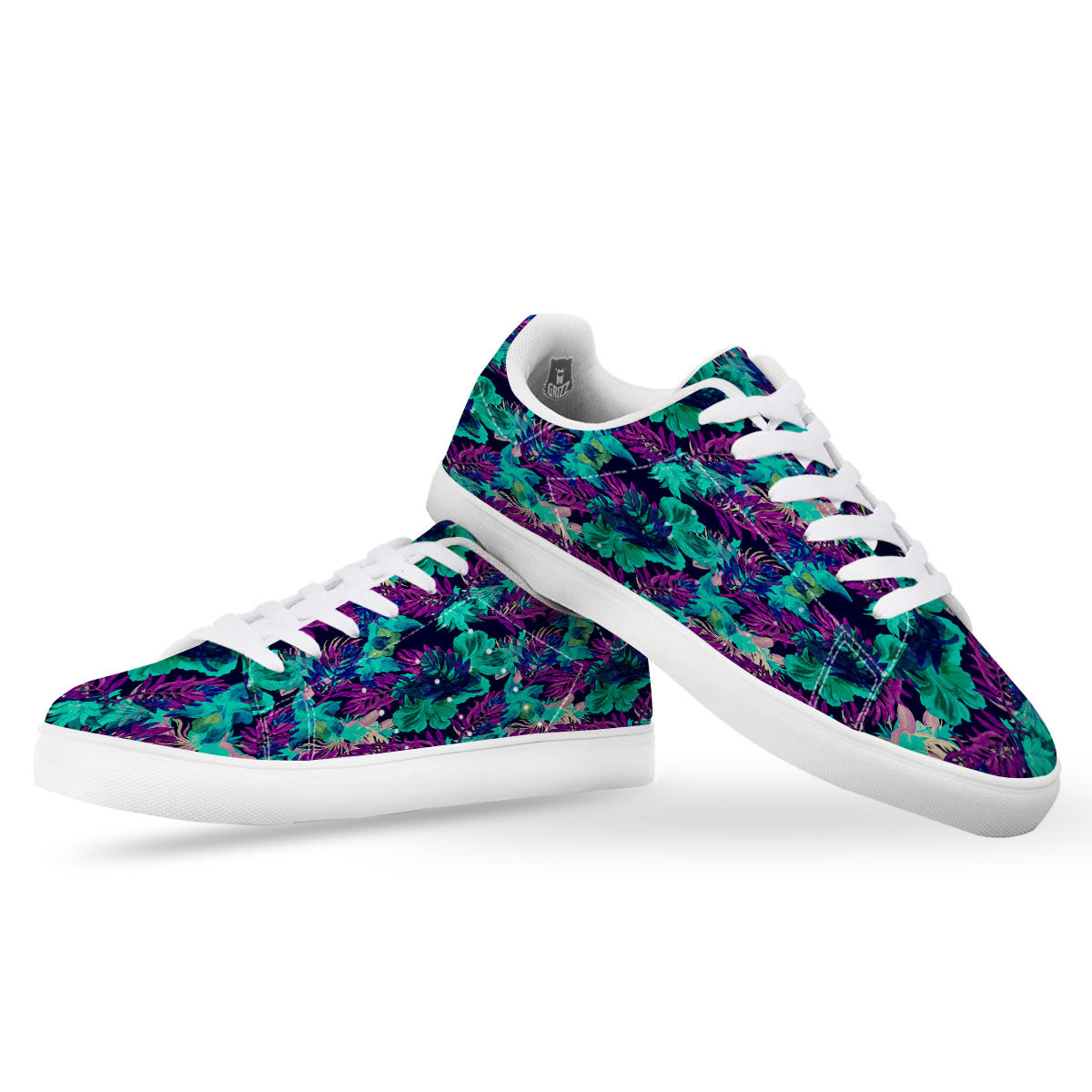 Leaf Green And Purple Print Pattern White Low Top Sneakers-grizzshop