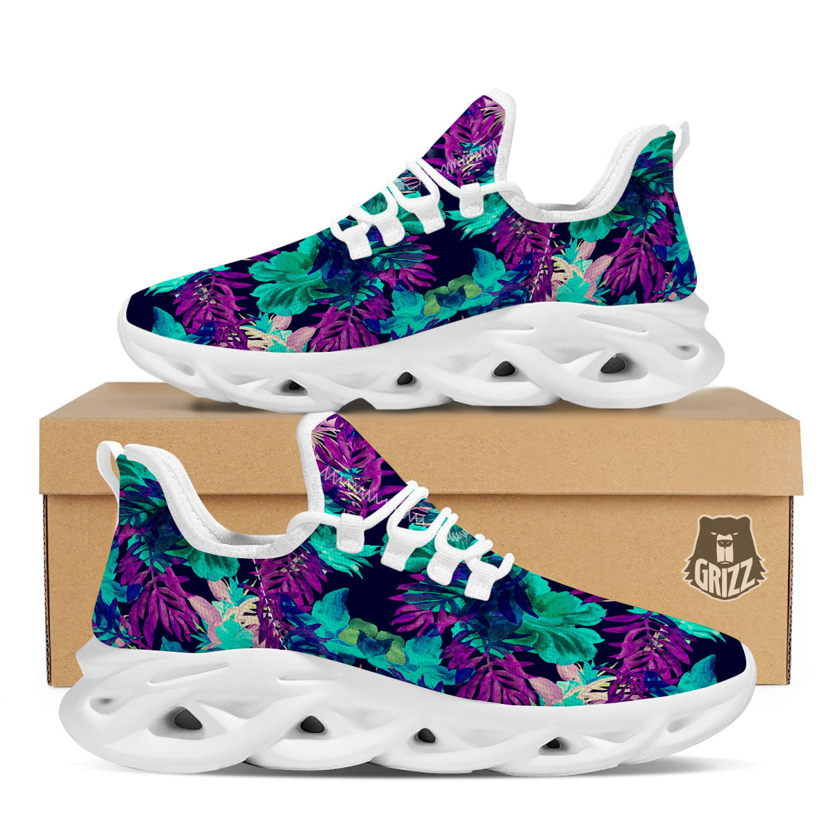Leaf Green And Purple Print Pattern White Running Shoes-grizzshop