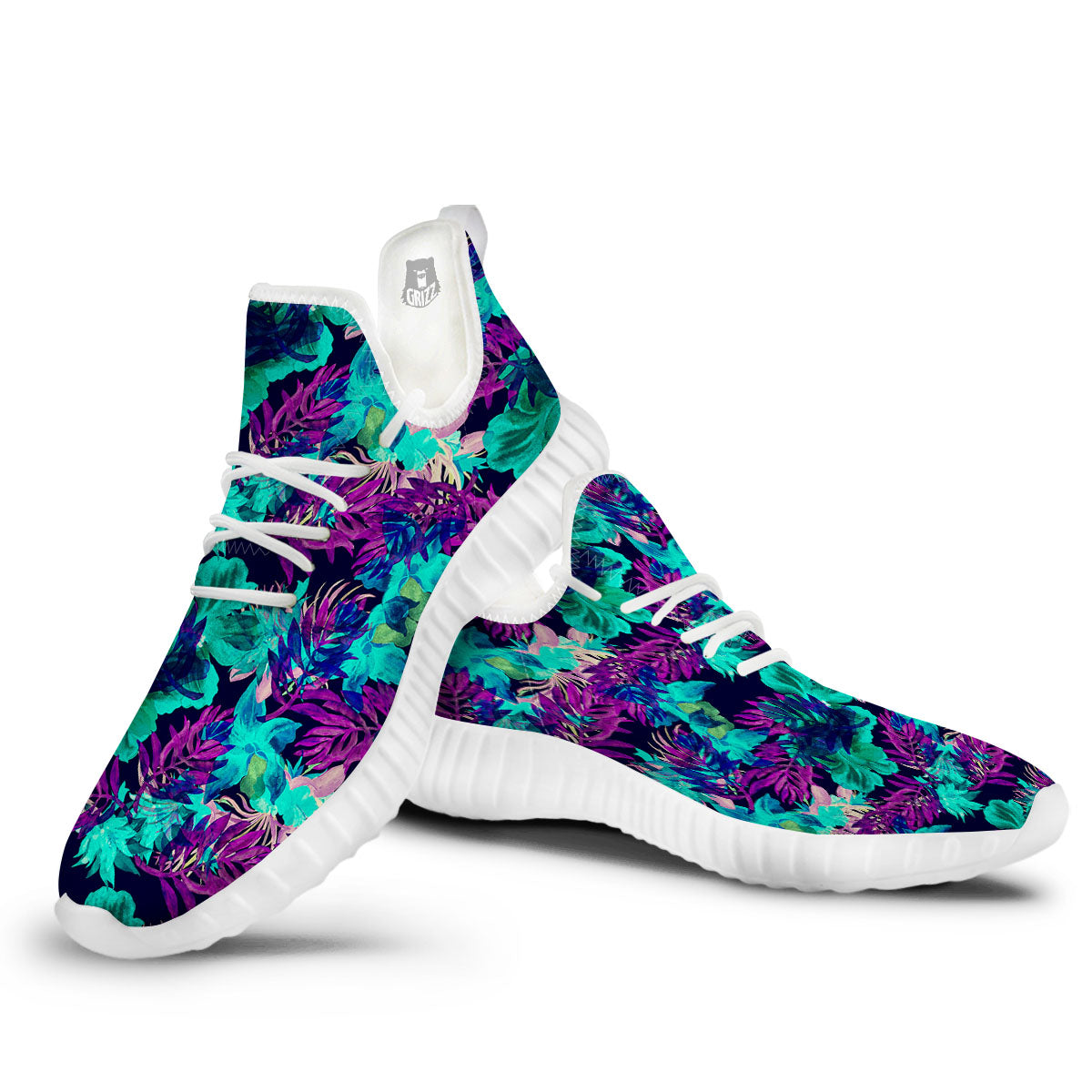 Leaf Green And Purple Print Pattern White Walking Shoes-grizzshop