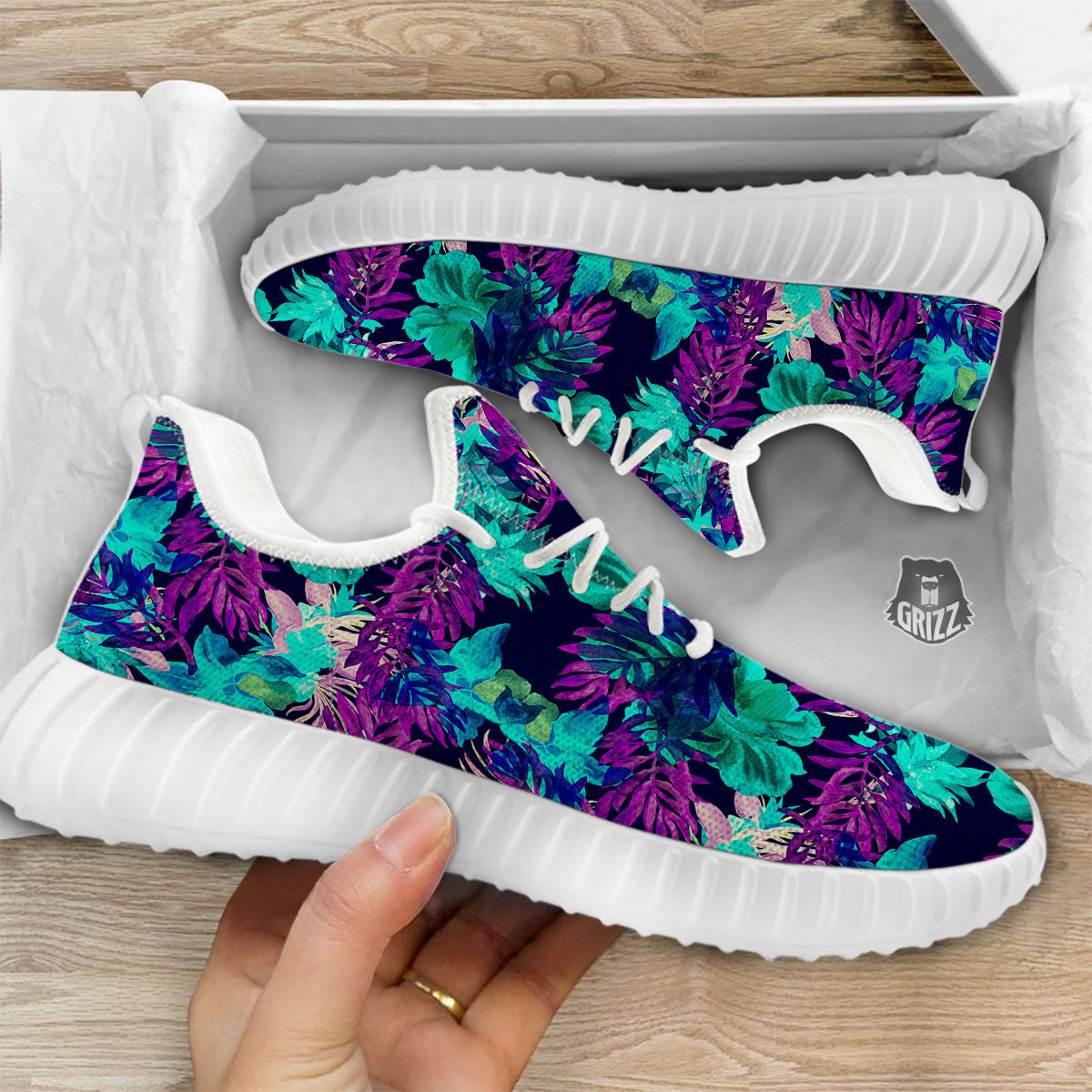 Leaf Green And Purple Print Pattern White Walking Shoes-grizzshop