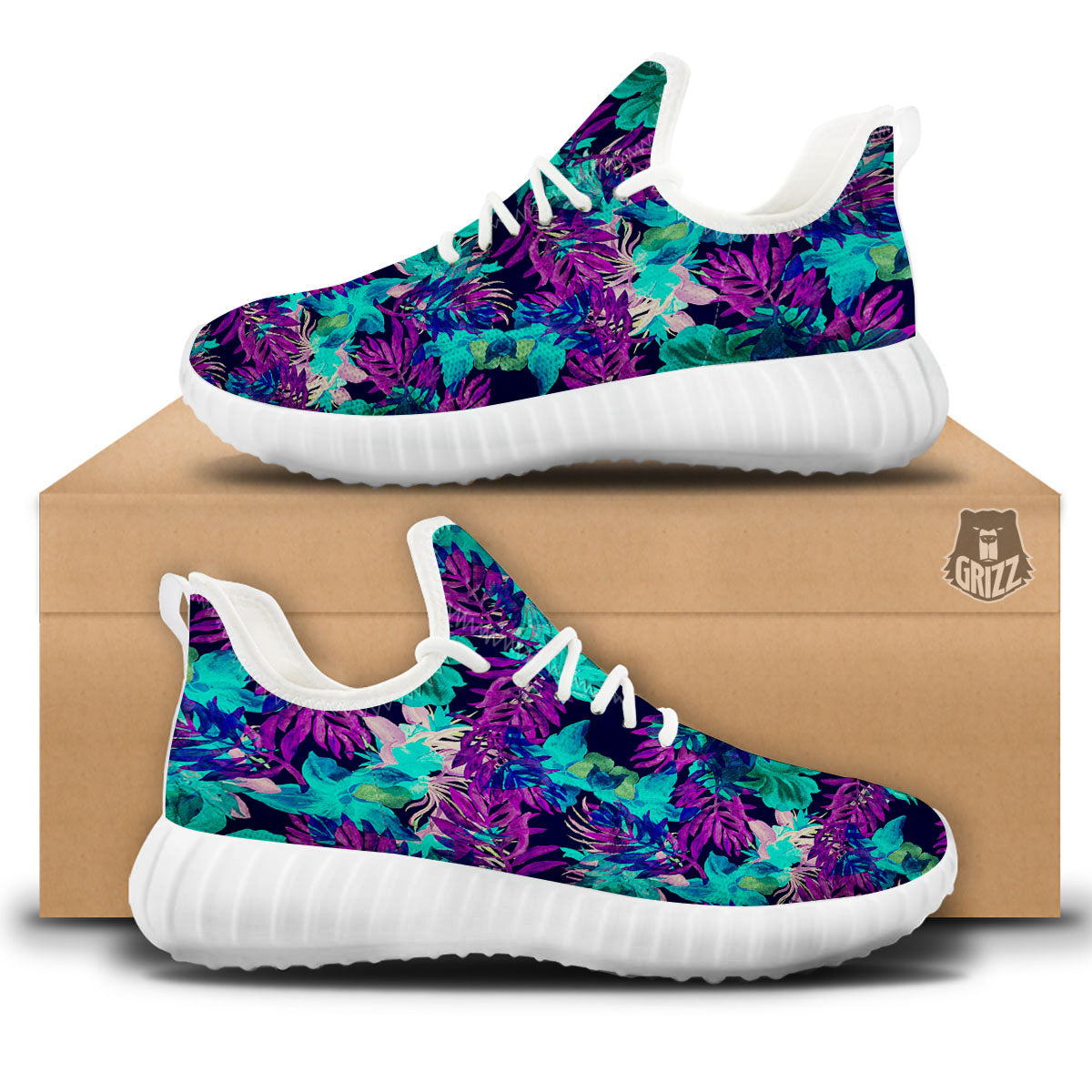 Leaf Green And Purple Print Pattern White Walking Shoes-grizzshop