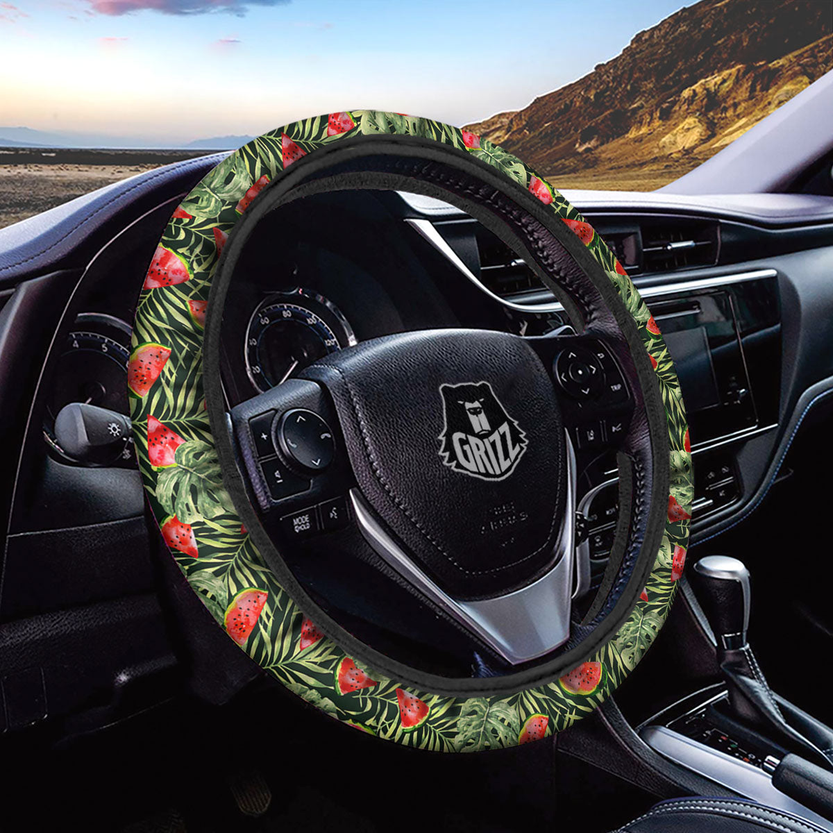 Leaf Palm Watermelon Black Print Pattern Car Steering Wheel Cover-grizzshop