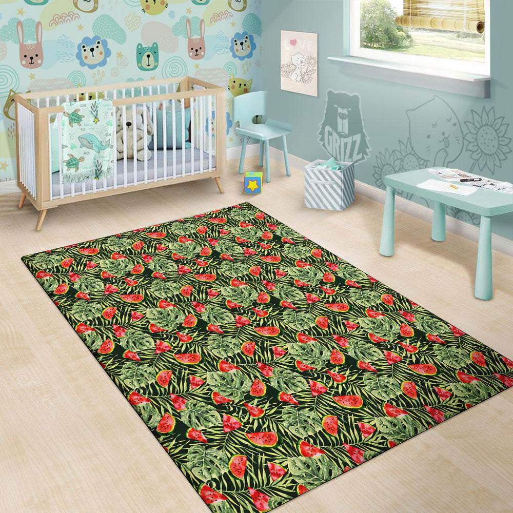 Leaf Palm Watermelon Black Print Pattern Floor Mat-grizzshop